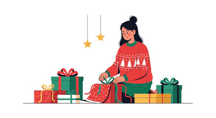 Young Woman Wrapping Christmas Presents With Festive Decoration At Home