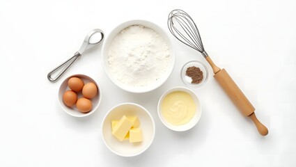 Baking Ingredients and Tools Flat Lay The Essentials, Precisely Measured Components for Home Baking, Ready to Create Organized Baking Prep on White Background, Culinary Foundation Flat Lay of Flour