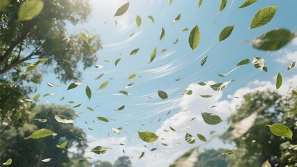 windy seasons day that makes any leaves falls down,  stunning image of falling leaves against a vibrant blue sky.