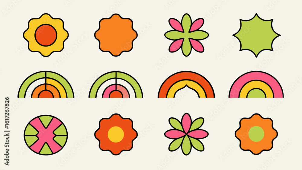 Poster a collection of abstract design elements featuring geometric shapes and modern forms in a vibrant pa