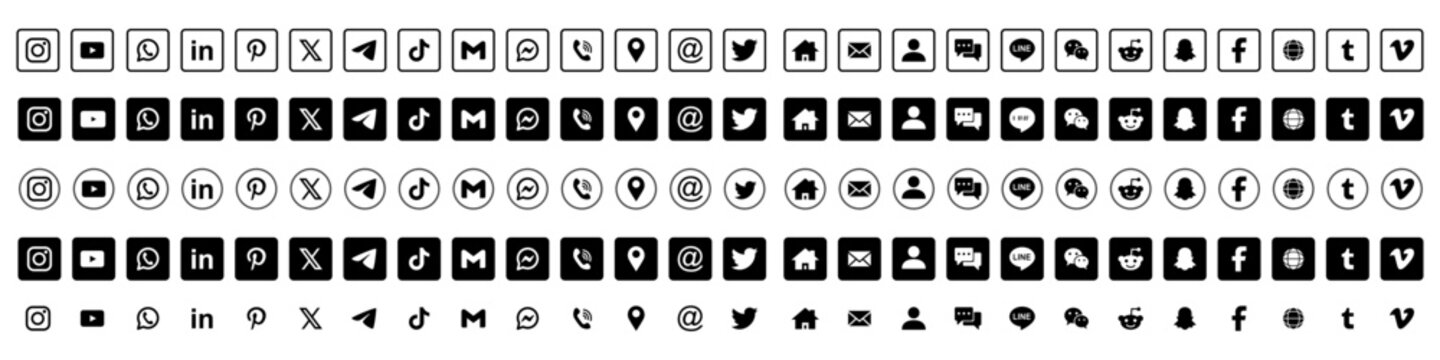  icon collection social media pinterest, instagram, web, telegram, messenger, tiktok, fecebook, in, x, gmail, email, telephone, whatsapp, location, twitter, like
