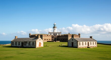 Obraz premium A lighthouse stands atop a fortified building surrounded by green grass and smaller structures, all under a clear blue sky with scattered clouds. Coastal view.