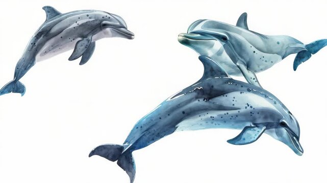 Family of four playful and smiling ocean dolphins swimming together in the sea.