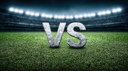 Dynamic sports competition matchup template featuring a vivid green football stadium field, central glowing “VS” logo between two opposing team placeholders