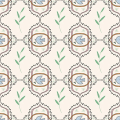 Bird and Leaves Seamless Pattern, Marker Drawing, Illustration, Background, Wallpaper