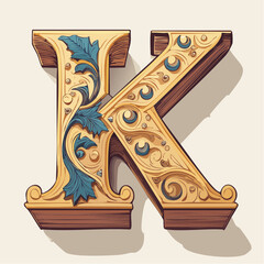 A detail letter K alphabet classic style, linocut and engraving illustration style