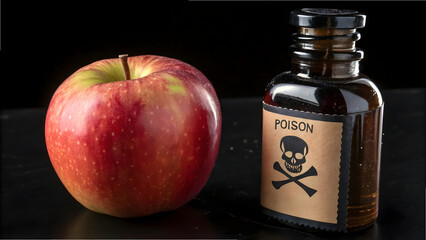 Fresh red apple with a bottle of poison
