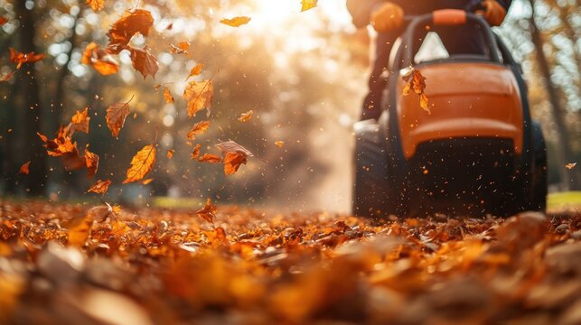 Fallen autumn leaves fly near lawn mower in soft, warm sunlight. It is ideal for themes like fall cleanup or seasonal lawn care.