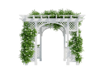 Elegant white lattice garden arbor adorned with lush greenery isolated on transparent background