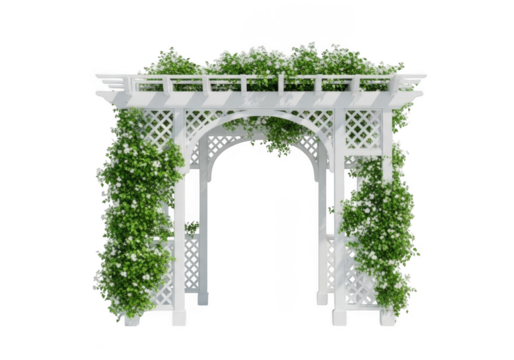 Elegant white lattice garden arbor adorned with lush greenery isolated on transparent background