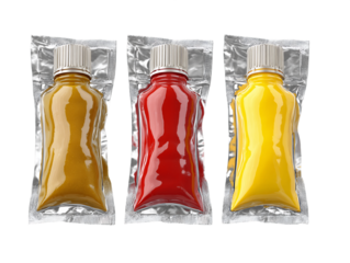 Three Condiment Pouches: Mustard, Ketchup, and Yellow Mustard, PNG