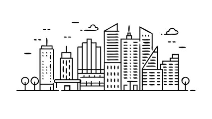 A minimalist black and white outline illustration of a modern city skyline with various architectural buildings and trees