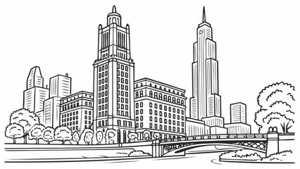 Obraz premium A detailed black and white sketch of a city skyline featuring various architectural buildings, a river, and a bridge