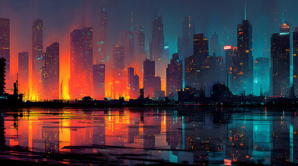 Fototapeta premium Futuristic neon city skyline glowing at night