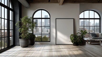 Obraz premium Bright Modern Interior with Arched Windows, City View, Blank Canvas, and Lush Plants – Contemporary Design