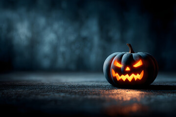 Fuming bright Jack-o'-lantern pumpkin on dark solid background. Glowing eyes and a terrible grin. Halloween minimal concept. Copy space. Desktop wallpapers