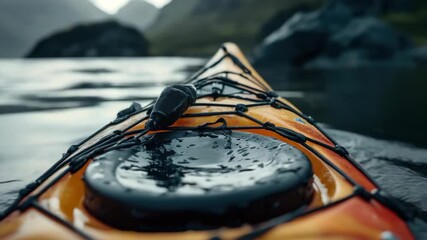 Wet orange and black kayak on calm lake, showing outdoor recreational activity in mountainous terrain during rainfall.