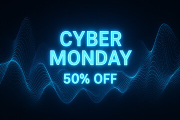 Cyber Monday 50 Percent Off Special Promotion Digital Graphic with Abstract Blue Light Wave and Particles