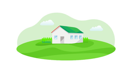 A cozy house nestled on a lush green hill under a bright sky, a delightful illustration isolated on white background