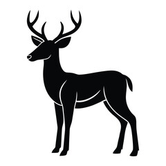 Black silhouette of a majestic stag with large antlers standing on a white background deer