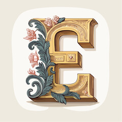 A detail letter E alphabet classic style, linocut and engraving illustration style
