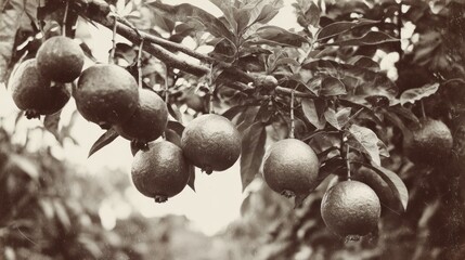 Sepia-toned tree branch laden with heavy, ripe fruit suspended amidst lush foliage