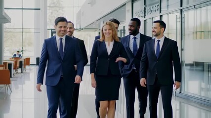 Multiethnic business team walking and discussing work in office building hallway together - Powered by Adobe