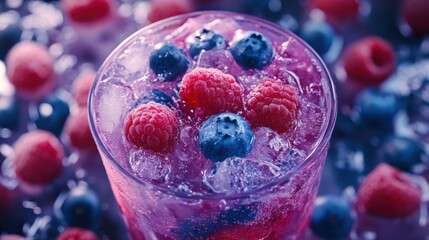 A delicious and refreshing mixed berry summer drink with vibrant raspberries and blueberries over crushed ice