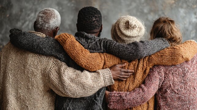 Back-view photograph of a diverse group of happy people standing united, representing unity and diversity across different ethnicities, symbolizing inclusion, collaboration