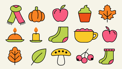 Charming hand drawn autumn elements featuring cozy scarves warm candles and comforting hot beverages for seasonal designs