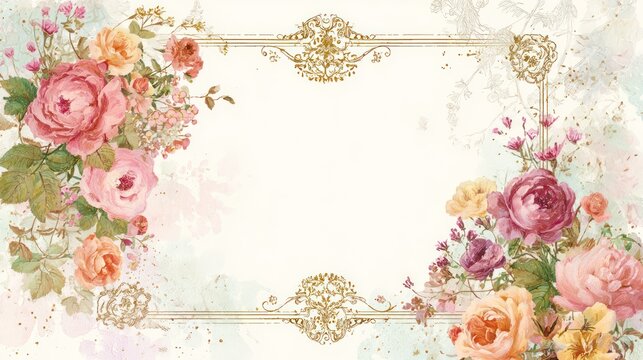 Ornate frame adorned with watercolor roses, soft light, vintage