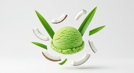 A vibrant scoop of buko pandan ice cream hovers mid-air against a clean white background, surrounded by coconut slices and pandan leaves, showcasing its refreshing allure and tropical essence.