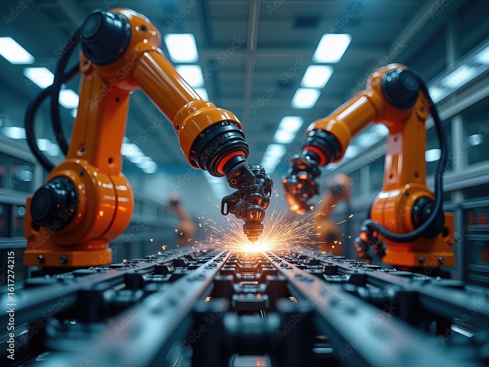 Poster precision automation, high-resolution image of advanced industrial robots performing welding operati