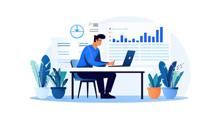 professional man working at desk with computer in office on white background