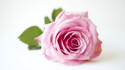 Fototapeta premium Pink rose in full bloom against a white background, delicate petals, soft gradient hues.
