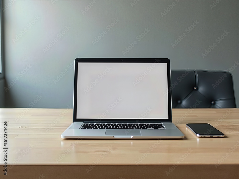 Poster sleek silver notebook with blank screen and a modern smartphone, creating a professional and minimal