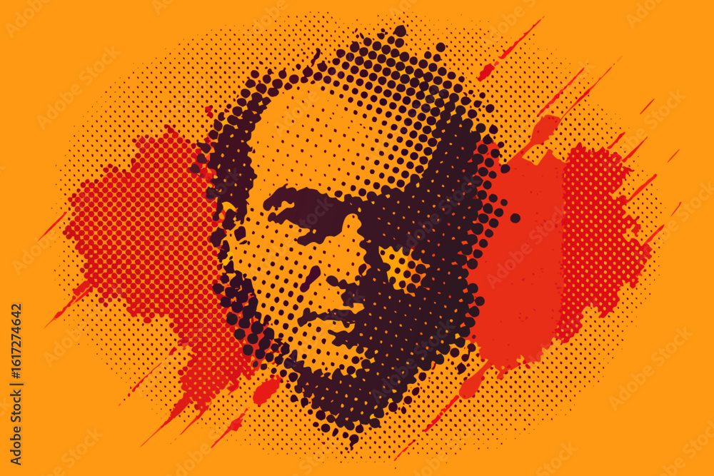 Poster dynamic abstract portrait with bold halftone patterns and energetic splashes, evoking a modern artis