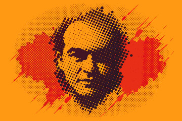 Dynamic abstract portrait with bold halftone patterns and energetic splashes, evoking a modern artistic expression and striking visual impact for creative projects.