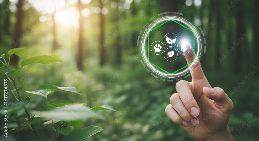 Poster hand touching virtual interface with ecology icons in a green forest environment background scene