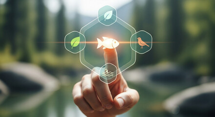Finger touching a glowing fish icon surrounded by nature symbols on a blurred background outdoors