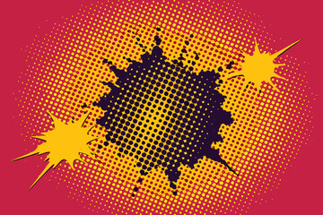 Dynamic comic book explosion effect with vibrant halftone dots and starburst shapes, perfect for action scenes and graphic design projects seeking a bold retro aesthetic.