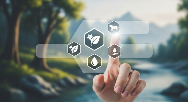 Hand interacting with environmental icons overlayed on a blurred nature background landscape view