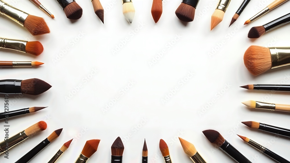 Poster artistic arrangement, a circular display of diverse brushes set against a clean white canvas emphasi