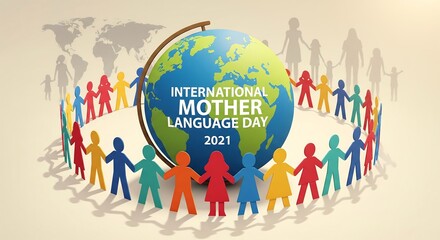 International Mother Language Day 2021 image. Globe surrounded by paper people in a circle with mother/child silhouettes and a world map in the background.