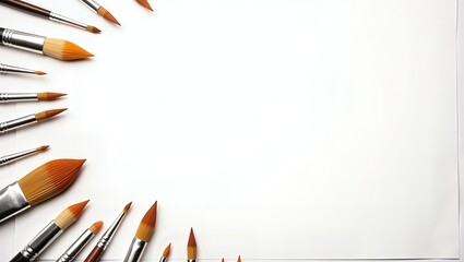 Artistic array of paintbrushes on a blank canvas surface, perfect for showcasing creative endeavors and artistic vision