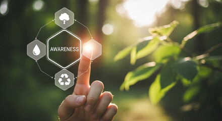 Hand interacting with environmental awareness interface in a sunlit natural setting