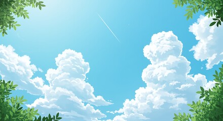 Beautiful Summer Sky with Fluffy Clouds and Jet Stream