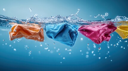 Colorful fabric swatches submerged in water, creating dynamic splashes and ripples.