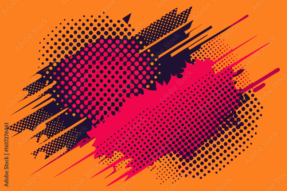 Poster dynamic abstract pattern with vibrant halftone dots and energetic brush strokes in bold contrasting 