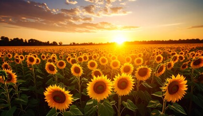 Fototapeta premium Endless Sunflower Field Illuminated by a Radiant Golden Sunset